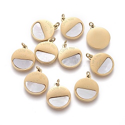 Valentine's Day 316 Surgical Stainless Steel Charms, with Shell and Jump Rings, Flat Round with Word I Love You 520, Golden, 12x11.5x1.3mm, Hole: 1.4mm(STAS-I164-001G)