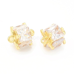 Brass Clear Glass Connector Charms, Cube Links, Real 18K Gold Plated, 11x8.5x8.5mm, Hole: 1.2mm(KK-P228-76G)