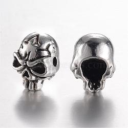 Tibetan Style Alloy Beads, Skull, Antique Silver, 11x9x10mm, Hole: 1.5mm(PALLOY-P105-01AS)