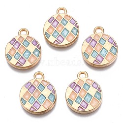 Alloy Enamel Pendants, Cadmium Free & Lead Free, Light Gold, Flat Round with Quadrangle, Light Salmon, 17x14x2mm, Hole: 1.8mm(ENAM-N054-58B-RS)