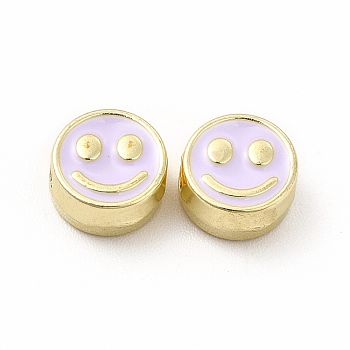 Rack Plating Alloy Enamel Beads, Cadmium Free & Nickel Free & Lead Free, Flat Round with Smiling Face Pattern, Light Gold, Lilac, 7.5x4mm, Hole: 2mm