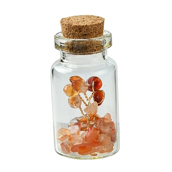 Transparent Glass Wishing Bottle Decoration, Wicca Gem Stones Balancing, with Tree of Life Natural Carnelian Beads Drift Chips inside, 22x45mm