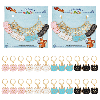 Alloy Enamel Cat Head Pendant Locking Stitch Markers, 304 Stainless Steel Clap Stitch Marker, Mixed Color, 3cm, 4 colors, 3pcs/color, 12pcs/set