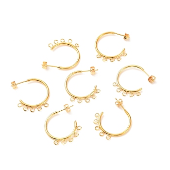 Brass Stud Earring Findings, with Loop, Long-Lasting Plated, Ring, Real 18K Gold Plated, 24x20x1.5mm, Hole: 1.6mm, Pin: 0.7mm