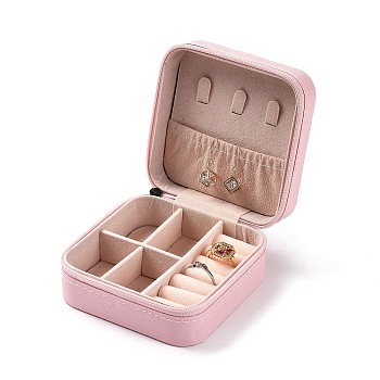 PU Leather Jewelry Box, Travel Portable Jewelry Case, Zipper Storage Boxes, for Necklaces, Rings, Earrings and Pendants, Square, Pink, 10x10x5cm