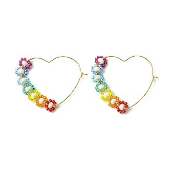 Heart Glass Seed with Brass Hoop Earrings, Colorful, 39x4mm
