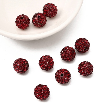 Pave Disco Ball Beads, Polymer Clay Rhinestone Beads, Round, Siam, 10mm, Hole: 1.5mm