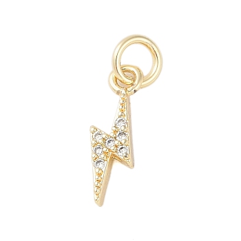 Rack Plating Brass Micro Pave Clear Cubic Zirconia Charms, with Jump Ring, Long-Lasting Plated, Lead Free & Cadmium Free, Lightning, Real 18K Gold Plated, 14x5.5x2.5mm, Hole: 3mm