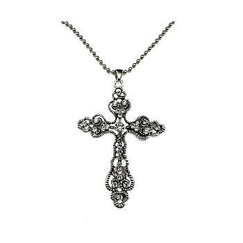 Cross Zinc Alloy Pendant Necklace, with Rhinestone, Jonquil, 27.56 inch(70cm)