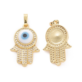 Brass Micro Pave Cubic Zirconia Pendants, with Handmade Evil Eye Lampwork, Hamsa Hand Charm, Real 18K Gold Plated, White, 25x16x5mm, Hole: 4x6.5mm