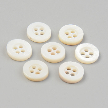 Natural 4-Hole Freshwater Shell Buttons, Flat Round, Seashell Color, 9x2mm, Hole: 1.5mm