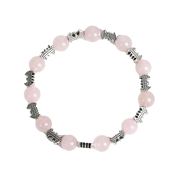 Christmas Theme Natural Rose Quartz Stretch Bracelets, Halloween Alloy Bat Bracelets for Women Men, 6-3/4 inch(17cm), 8mm