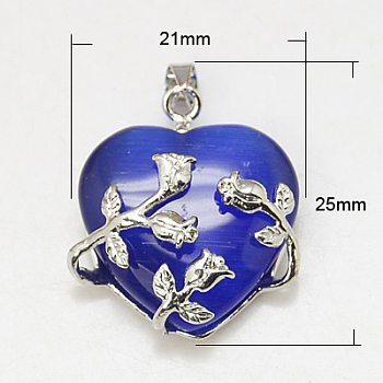 Cat Eye Pendants, with Brass Findings, Heart, Platinum Color, Blue, 23x21x9mm, Hole: 5x4mm