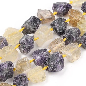 Rough Raw Natural Amethyst and Lemon Quartz Beads Strands, Nuggets, 15~27x16~29mm, Hole: 1.5mm, about 16pcs/strand, 15.55''~16.34''(39.5~41.5cm)