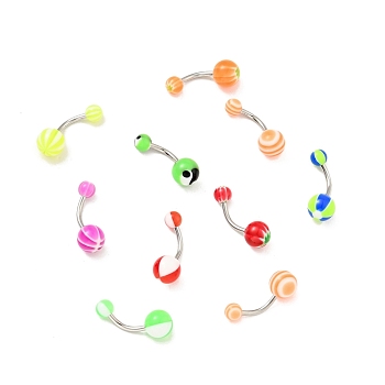 10Pcs Acrylic Round Beaded Curved Barbell, 304 Stainless Steel Piercing Navel Ring for Women, Mixed Color, 23x8mm, Pin: 1.6mm