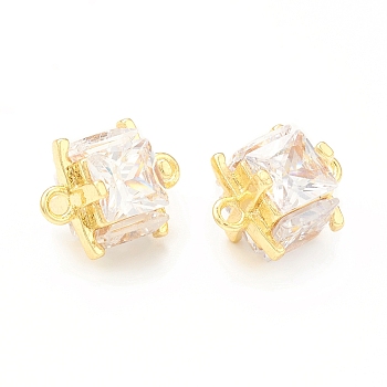 Brass Clear Glass Connector Charms, Cube Links, Real 18K Gold Plated, 11x8.5x8.5mm, Hole: 1.2mm