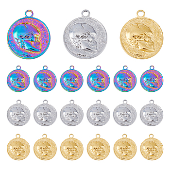 18Pcs 3 Colors 201 Stainless Steel Pendants, Flat Round with Skull, Mixed Color, 23.5x20x3mm, Hole: 2.5mm, 6pcs/color