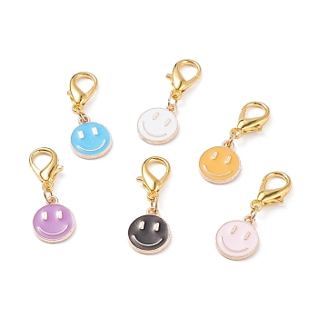 Alloy Enamel Pendants Decoration, with Zinc Alloy Lobster Claw Clasps, Flat Round with Smiling Face, Mixed Color, 31mm