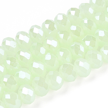 Electroplate Glass Beads Strands, Imitation Jade Beads, Pearl Luster Plated, Faceted, Rondelle, Pale Green, 6x5mm, Hole: 1mm, about 83~85pcs/strand, 38~39cm