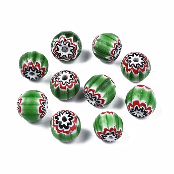 Handmade Millefiori Lampwork Beads, Round, Lime Green, 9~10x10~11mm, Hole: 1.4mm