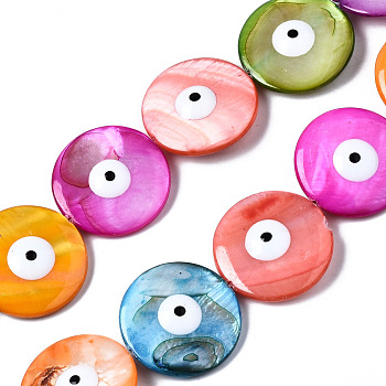 Natural Freshwater Shell Beads Strands, with Enamel, Double-Faced, Flat Round with Evil Eye, Dyed, Mixed Color, 24~25x5~6mm, Hole: 0.9mm, about 16pcs/strand, 15.83 inch(40.2cm)