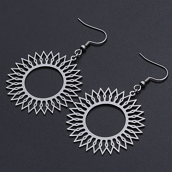 201 Stainless Steel Dangle Earrings, Sun, Stainless Steel Color, 62mm, Pin: 0.6mm