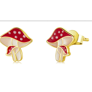 Red Enamel Fresh Mushroom Stud Earrings, 925 Sterling Silver Jewelry for Women, Golden, 9x9mm, Pin: 0.9mm