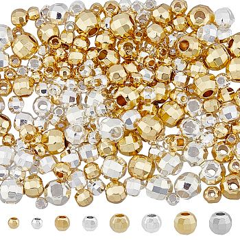 200Pcs 8 Styles Alloy Spacer Beads, Faceted Solid Round Beads, Long-Lasting Plated, Golden & Silver, 2.5~6mm, Hole: 1~2mm