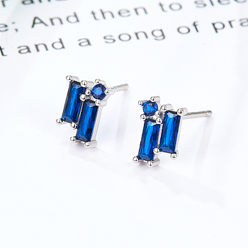 Cubic Zirconia Rectangle Stud Earrings, Silver 925 Sterling Silver Post Earrings, with 925 Stamp, Dark Blue, 8.5x5.8mm