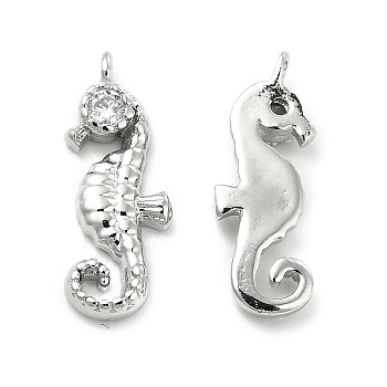 Brass Micro Pave Clear Cubic Zirconia Pendants, Platinum, Sea Horse Charm, Real Platinum Plated, 15x5.5x2mm, Hole: 0.8mm