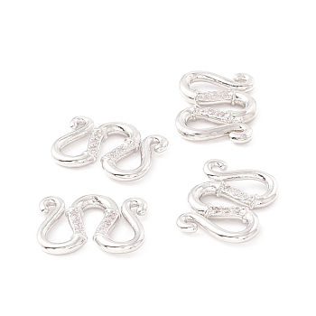 Brass Clear Cubic Zirconia S-Hook Clasps, Long-Lasting Plated, Platinum, 13.5x10.5x1.5mm