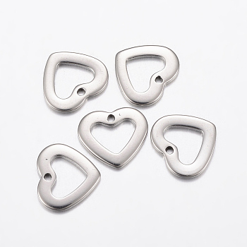 304 Stainless Steel Open Heart Charms, Hollow, Stainless Steel Color, 10x11x1mm, Hole: 1mm