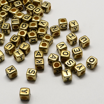 Antique Golden Plated Large Hole Acrylic European Beads, Horizontal Hole, Cube with Letter, Random Mixed Letters, 6x6x6mm, Hole: 4mm, about 2950pcs/500g