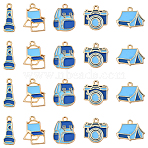 20Pcs 5 Styles Camping Equipment Series Alloy Enamel Pendants, Bag Camera Stool Flashlight Tent Charms, Golden, Deep Sky Blue, 16~21x8.5~20.5x1~1.5mm, Hole: 1.6~2mm, 4pcs/style(FIND-YW0007-13B)
