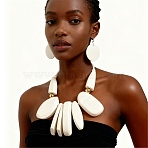 Aluminum & Wood Bead Necklceas & Stud Earrings Sets, Flat Round & Oval, White, Necklaces: 500mm; Earring: 70x50mm(SJEW-H001-13A)