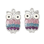 Alloy Enamel Pendants, with Jet Rhinestone and Glitter Powder, Owl Charms, Platinum, 23x14x2.5mm, Hole: 1.6mm(PALLOY-A037-02G)