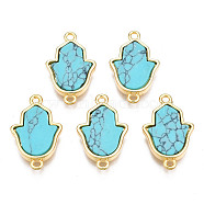 Brass Connector Charms, with Synthetic Turquoise, Cadmium Free & Nickel Free & Lead Free, Real 18K Gold Plated, Hamsa Hand/Hand of Miriam, Dark Turquoise, 19.5x12x3mm, Hole: 1.2mm(KK-N233-171B-01B)