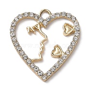 UV Plating Light Gold Alloy Rhinestone Pendants, Heart with Human Face Charm, Crystal, 24x21.5x2mm, Hole: 2.7mm(PALLOY-Z016-06G)