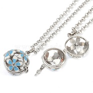 Brass Enamel with Rhinestone Pendant Necklaces, Iron Rolo Chains, Round with Flower Pattern, Platinum, Sky Blue, 32.76 inch(832mm)(NJEW-G089-09B-04)