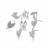 Brass Stud Earring Findings, with Loop, Leaf, Platinum, 15x10x2mm, Hole: 2mm, Pin: 0.5mm(KK-F738-43P)