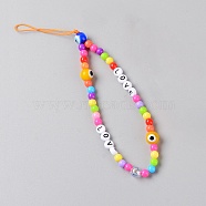 Round Evil Eye Resin Beaded Mobile Straps, Word Love, Random Single Color or Random Mixed Color, 18.5cm(AJEW-WH0200-02)