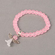 Stretchy Frosted Glass Beads Kids Charm Bracelets for Children's Day, with Tibetan Style Acrylic Findings, Lovely Wedding Dress Angel Dangle, Antique Silver, Pink, 40mm(BJEW-JB01769-06)