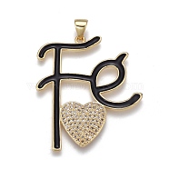 Brass Micro Pave Cubic Zirconia Pendants, with Enamel, Long-Lasting Plated, Real 18K Gold Plated, Letter and Heart, Black, 35x30.5x3mm, Hole: 3x5mm(ZIRC-M108-21C-G)