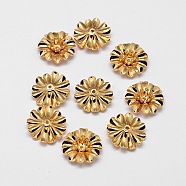 Flower Brass Bead Caps, Cadmium Free & Nickel Free & Lead Free, Real 18K Gold Plated, 14x5mm, Hole: 1mm(KK-L137-04G-NR)