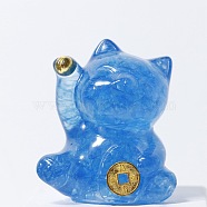 Resin Craft Display Decorations, with Dyed Natural Aquamarine Chip, Lucky Cat Figurine, for Home Feng Shui Ornament, 63x55x45mm(DJEW-PW0021-29G-31)