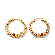 304 Stainless Steel Beaded Hoop Earrings, with Cubic Zirconia, Golden, 28.5x5.5mm(EJEW-G368-05G)
