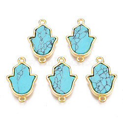 Brass Connector Charms, with Synthetic Turquoise, Cadmium Free & Nickel Free & Lead Free, Real 18K Gold Plated, Hamsa Hand/Hand of Miriam, Dark Turquoise, 19.5x12x3mm, Hole: 1.2mm(KK-N233-171B-01B)