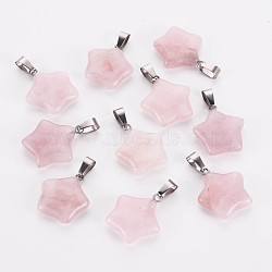 Star Natural Rose Quartz Pendants, with Platinum Tone Brass Findings, 22~23x20~24x5~7mm, Hole: 2x7mm(G-Q367-12)