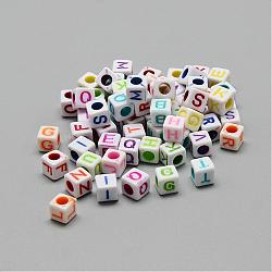 Opaque European Style Acrylic Beads, Horizontal Hole, Cube with Letters, Mixed Color, 9.5~10x9~10x9~10mm, Hole: 4mm, about 550pcs/500g(SACR-S297-05)