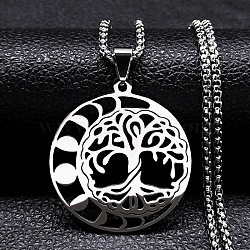 304 Stainless Steel Box Chain Necklaces, Flat Round with Tree of Life Pendant Necklaces, Stainless Steel Color, 19.33 inch(49.1cm)(NJEW-C042-02P)